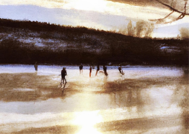 scène d'enfants au bord d'un lac gelé