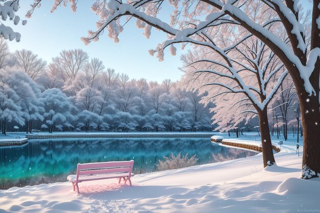 Une scène enneigée avec un banc et des arbres au premier plan.