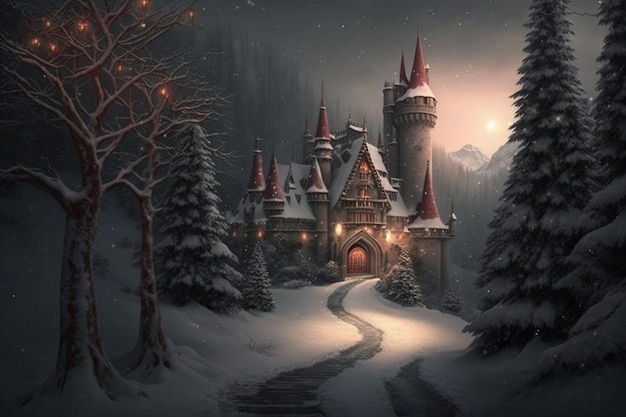Une scène enneigée avec un château dans la neige.