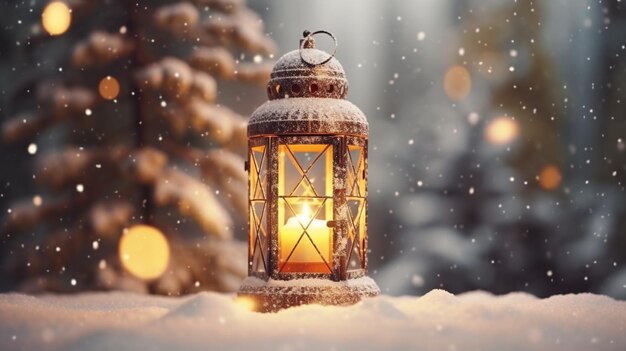 Scène enneigée enchanteresse sur un fond défocalisé une lanterne de Noël avec une branche de sapin