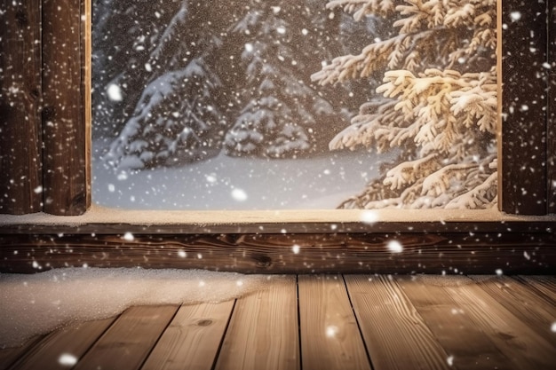 Une scène enneigée avec une fenêtre couverte de neige et un arbre couvert de neige