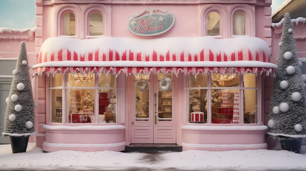 Photo scène enneigée d'un magasin rose avec un arbre de noël et des décorations génératives ai