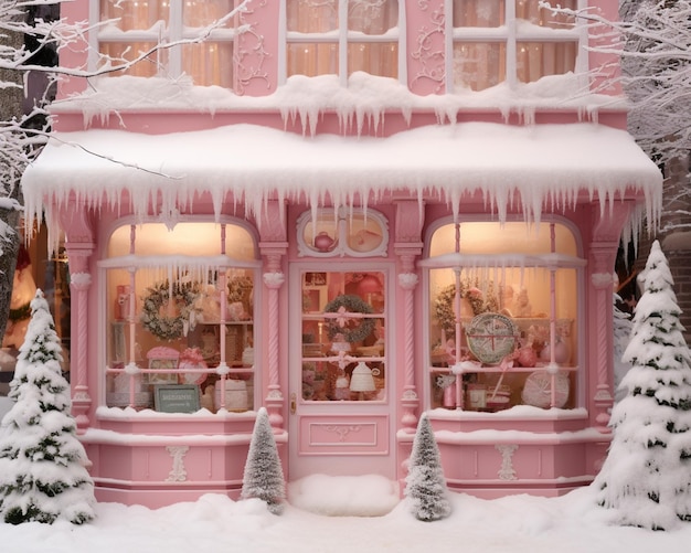 scène enneigée d'un magasin rose avec des glaçons et des arbres de Noël