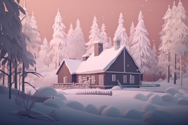 Une scène enneigée avec une maison en arrière-plan et une forêt enneigée en arrière-plan.