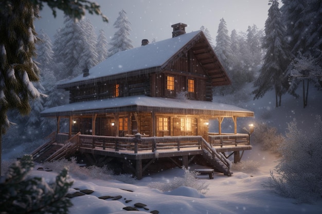 Une scène enneigée d'une maison dans une forêt enneigée