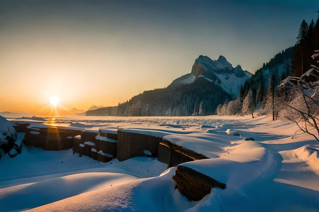 une scène enneigée avec une montagne en arrière-plan