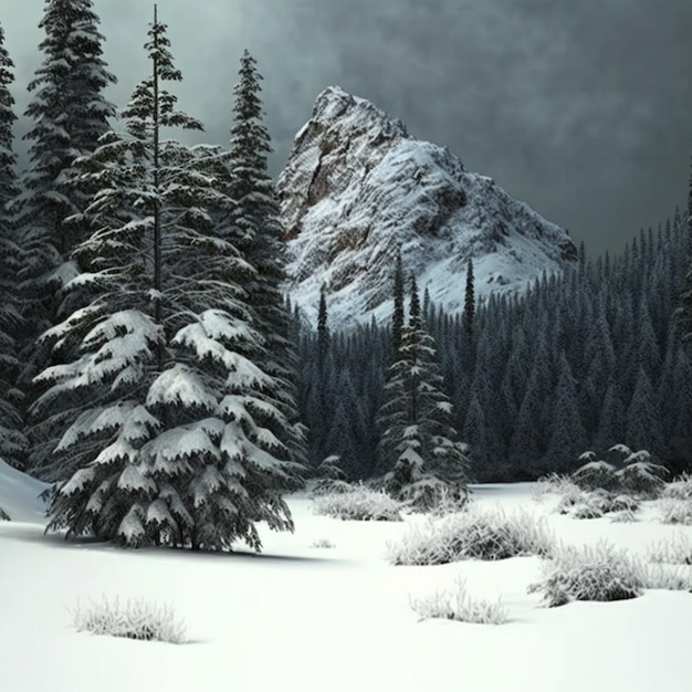 Scène enneigée d'une montagne avec une forêt enneigée et un skieur solitaire ai génératif