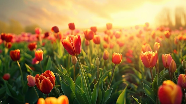 Scène ensoleillée surplombant le champ de tulipes avec de nombreuses tulipes de couleurs vives et riches