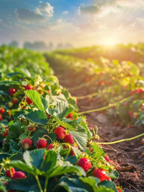 Scène ensoleillée surplombant la plantation de fraises avec de nombreuses fraises de couleur riche et brillante