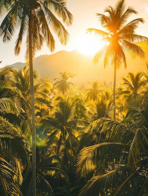 Scène ensoleillée surplombant la plantation de noix de coco avec de nombreuses noix de Coco de couleur riche et brillante