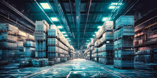 La scène de l'entrepôt avec une technologie numérique futuriste et des systèmes logistiques