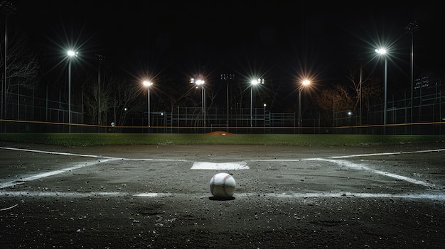 La scène est la nuit un terrain de baseball se concentrer sur un seul baseball couché sur le sol