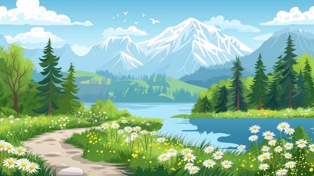 Scène d'été de dessin animé avec un lac forestier et des montagnes Chemin menant à l'étang dans les bois avec des arbres verts et des buissons de herbe et de marguerites au pied des collines rocheuses avec de la neige