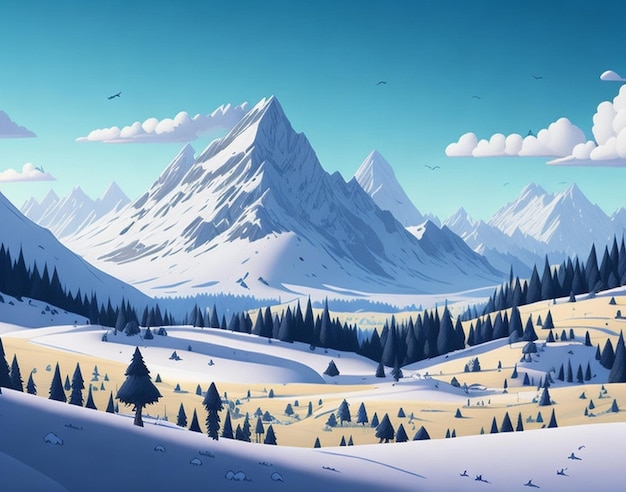 Une scène d'été de dessin animé avec un paysage de montagne Forêt et prairies illustration AI générée