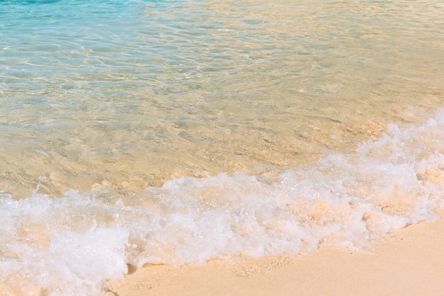 Scène d'été avec de l'eau de mer bleue et du sable jaune se bouchent avec une mise au point sélective Concept de vacances ou de vacances Fond de nature avec espace de copie