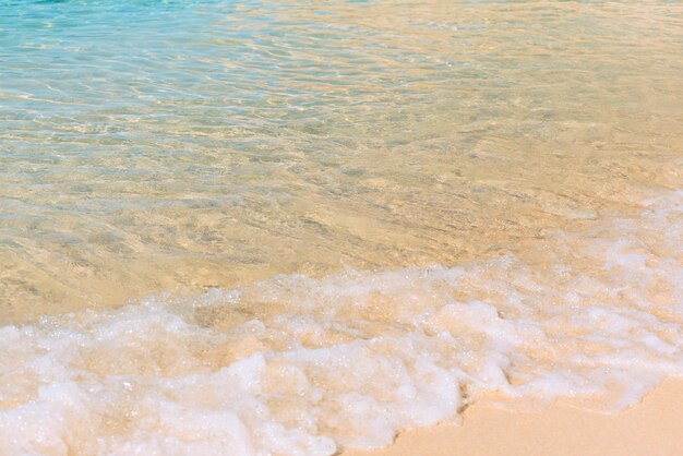 Scène d'été avec de l'eau de mer bleue et du sable jaune se bouchent avec une mise au point sélective Concept de vacances ou de vacances Fond de nature avec espace de copie