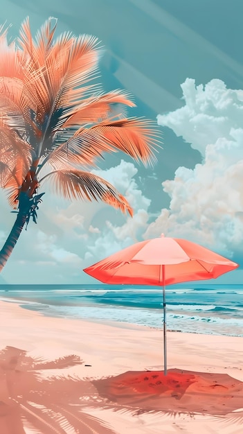 Scène d'été sur la plage avec un palmier et un parapluie
