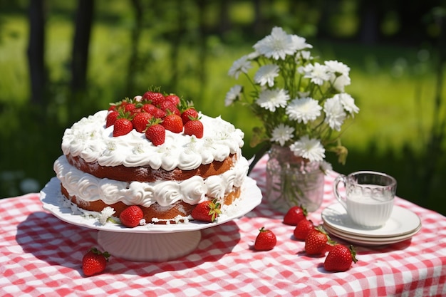 Une scène d'été en plein air avec un gâteau à la fraise servi lors d'une fête dans le jardin