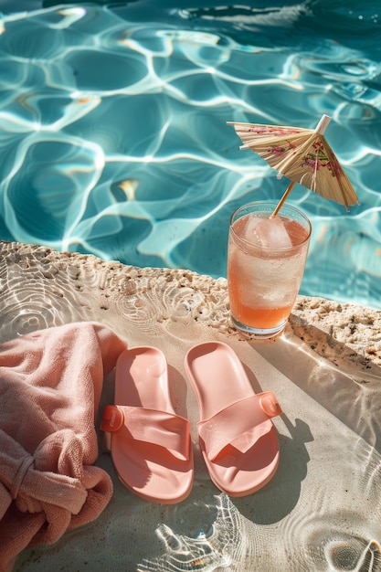 Scène d'été relaxante au bord de la piscine avec un cocktail et des tongs