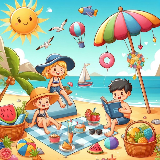 Scène d'été de style de vie avec un dessin animé
