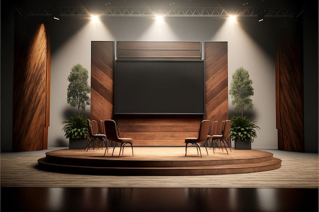 Scène événementielle en bois et métal avec chaises de conférence design industriel avec écran géant rendu 3d