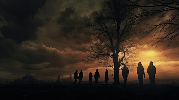 Scène fantasmagorique silhouettes de personnes par des arbres sans feuilles sous des nuages sombres