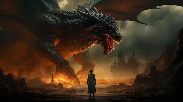 Scène fantastique avec un homme et un dragon