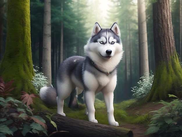 Scène fantastique pour la Journée mondiale des animaux avec un adorable chien husky mignon et une belle forêt