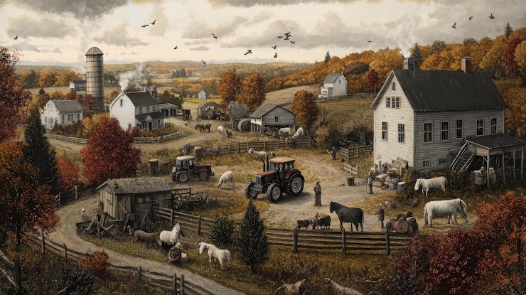 Photo une scène de ferme d'automne sereine avec des tracteurs et des animaux