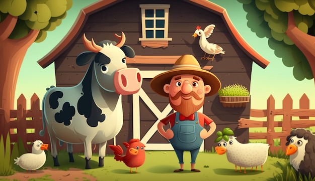 Une scène de ferme de dessin animé avec un homme et des vaches.