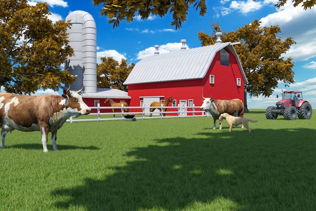 Scène de ferme avec une grange rouge et des animaux de la ferme, rendu 3D