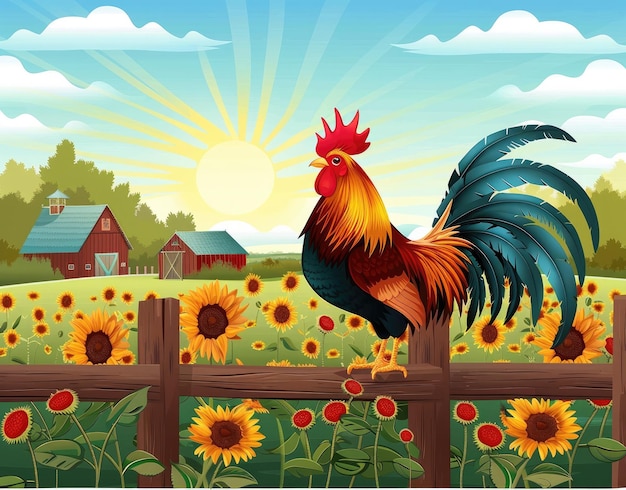 une scène de ferme avec un poulet et une clôture avec des tournesols en arrière-plan