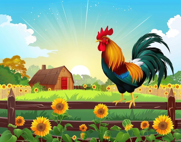 une scène de ferme avec un poulet et des fleurs