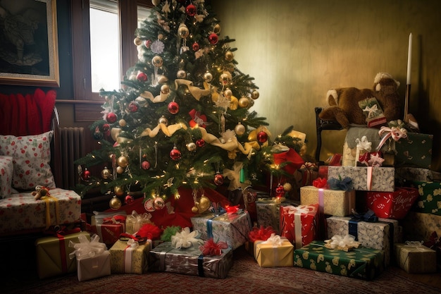 Une scène festive d'un arbre de vacances décoré entouré de cadeaux et de cadeaux