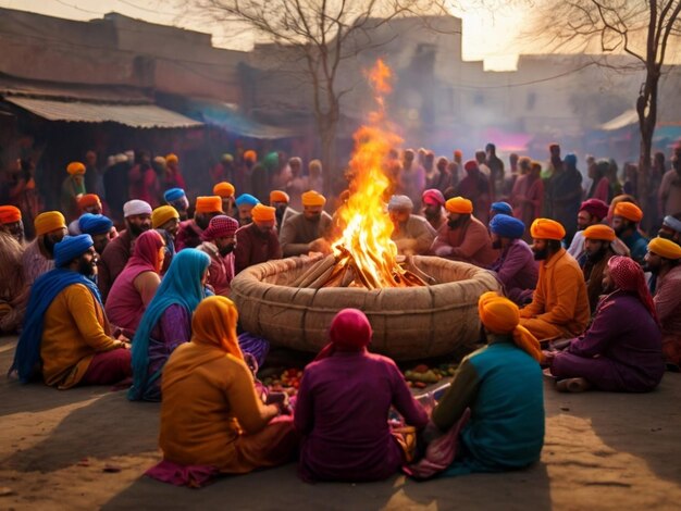 Scène festive célébrant le festival de Lohri avec un homme et une femme de forme ronde