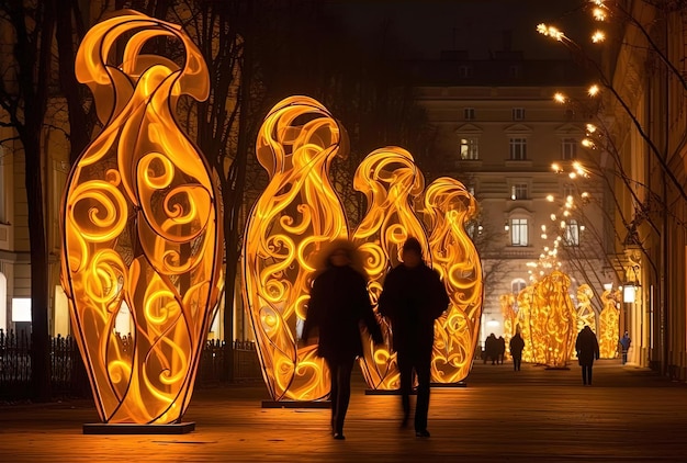 une scène festive dans la ville dans les lumières de Noël dans le style de l'extravagance baroque