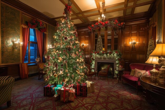Une scène festive avec un grand sapin de Noël entouré de cadeaux et de chaussettes