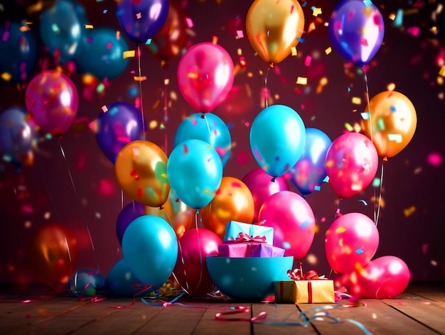 Scène de fête d'anniversaire avec arrangement de ballons colorés