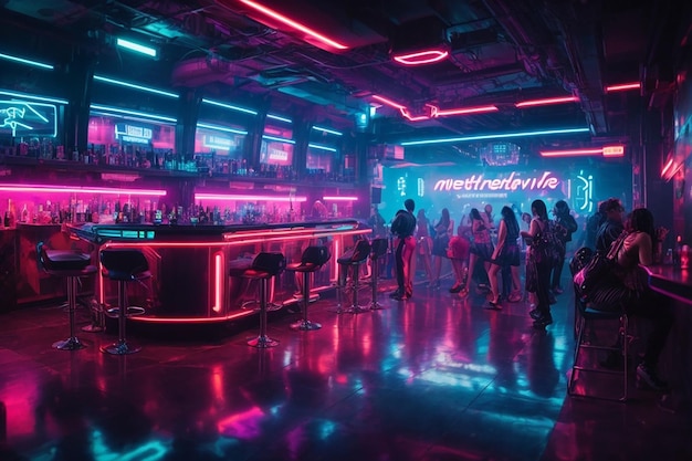 Scène de fête éclairée au néon de la discothèque Metaverse Cyberpunk