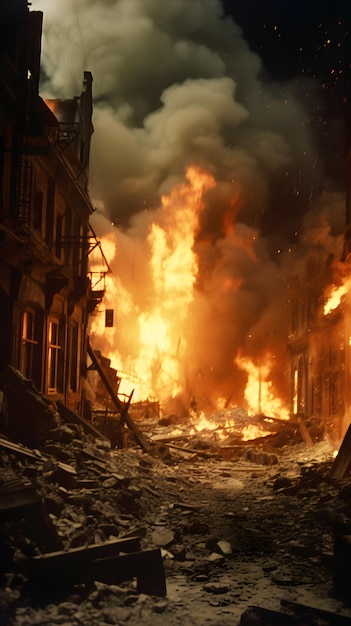 scène d'un film couleur dramatique de 1942 sur les bombardements incendiaires