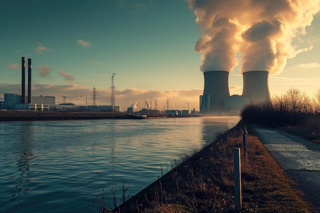 Scène de fin d'après-midi avec vue sur berge avec réacteur nucléaire Doel Port d'Anvers Belgique