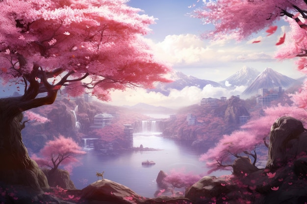 Une scène de fleurs de cerisier en pleine floraison générée par Ai