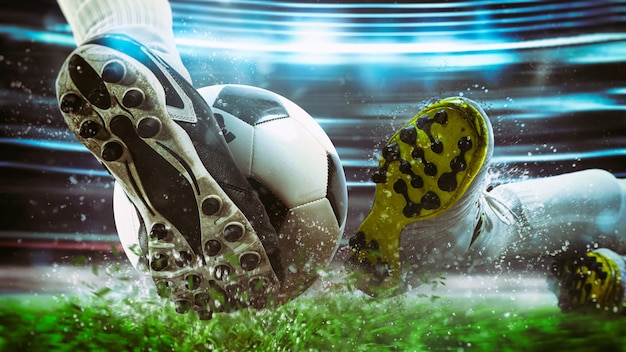 Scène de football au match de nuit avec gros plan d'une chaussure de football frapper la balle avec puissance