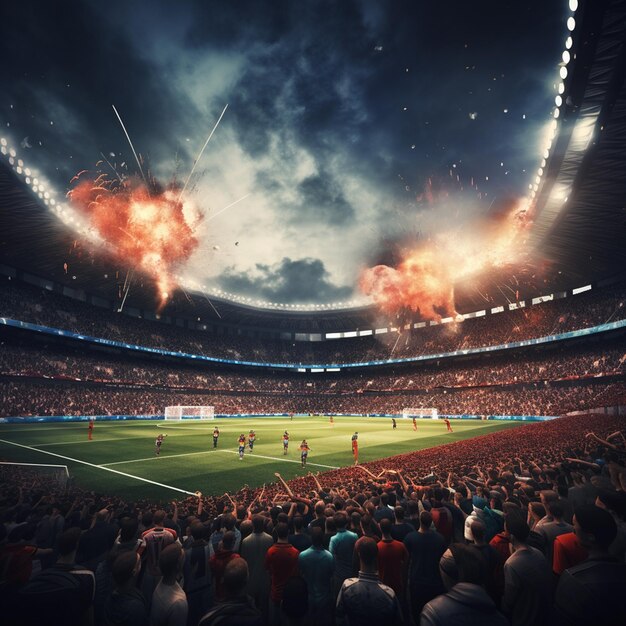 Scène de football photo avec des joueurs de football en compétition au stade rendu 3D