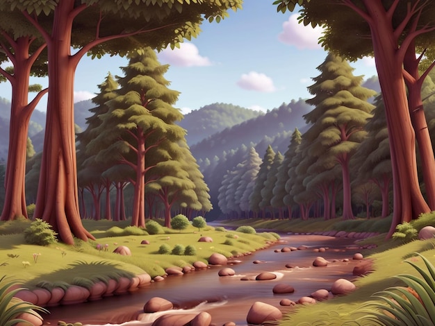 Scène forestière d'animation 3D avec divers arbres forestiers