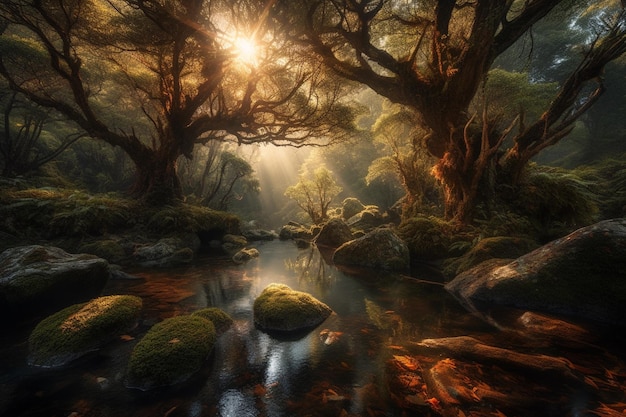 Une scène forestière avec des arbres et des rochers au premier plan et une rivière en arrière-plan.