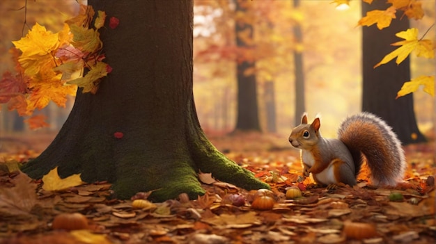 Photo scène forestière d'automne avec des feuillages colorés et des écureuils