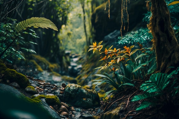 Une scène forestière avec une scène forestière et des plantes et un rocher moussu.