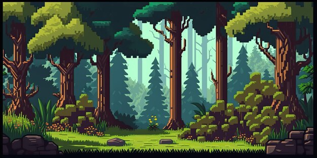 Une scène de forêt abstraite générée par l'IA peut être utilisée pour les jeux rétro ou la conception graphique.