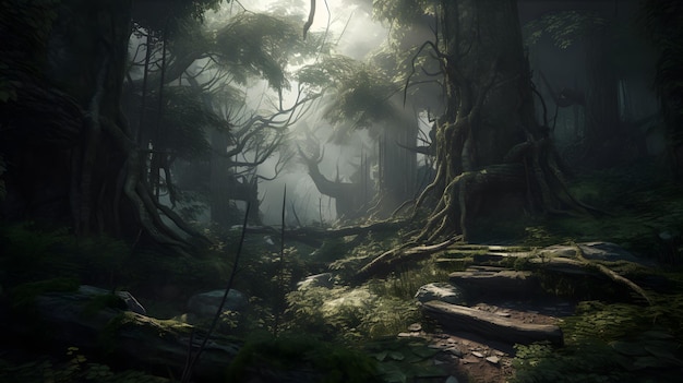 Une scène de forêt avec un arbre au milieu et quelques branches au sol.